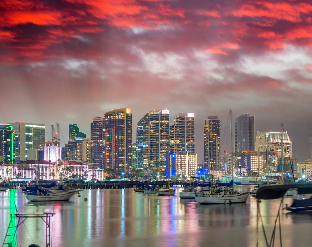 Downtown San Diego at sunset, California. View from the city port.
