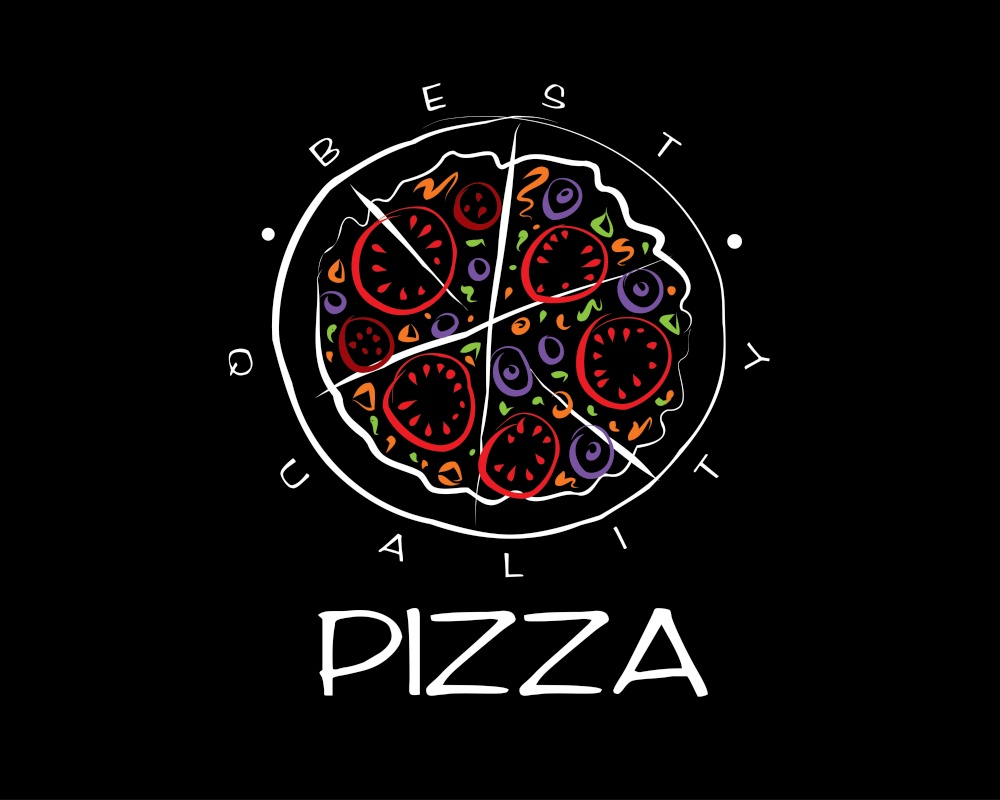 Hand drawn vector pizza logo on black background.. Hand drawn vector pizza logo on black background