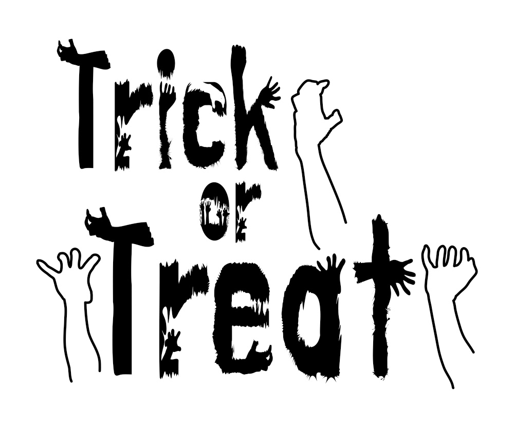 Trick or Treat lettering design with hand, vector illustration.