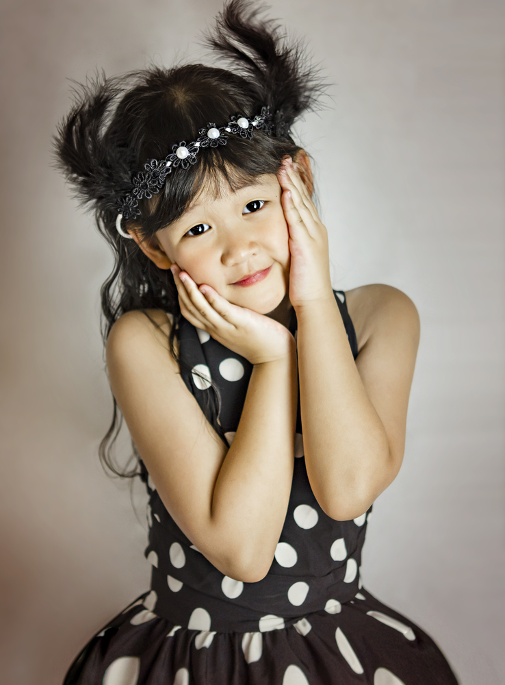 portrait of asian little girl in white and black dress. portrait of asian little girl