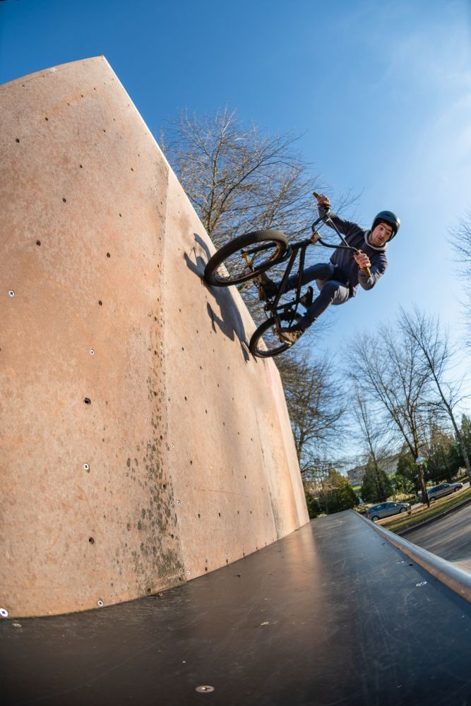 Bmx Bike Stunt Wall Ride on a skatepark.