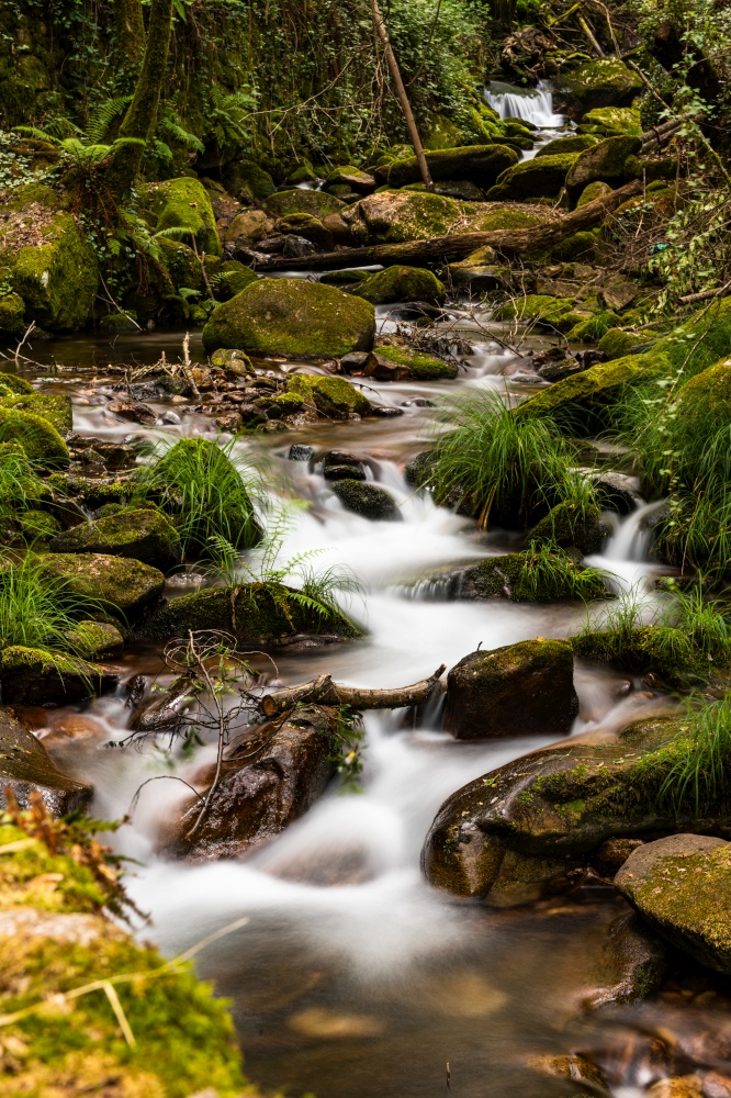 Beautiful water stream in Gresso river Portugal. Long exposure smooth effect.