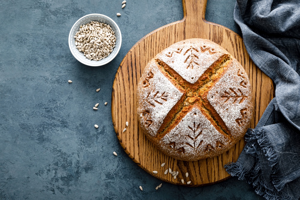 Homemade yeast free wholegrain rye bread with sunflower seeds