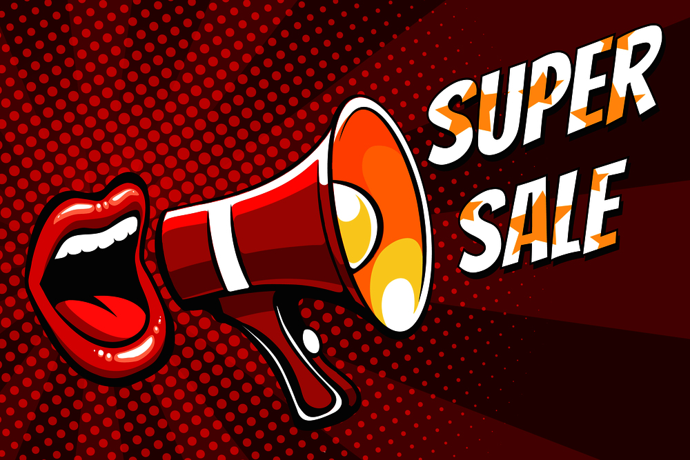 Open female mouth and megaphone with wording Super Sale drawn in pop art style. Vector background.