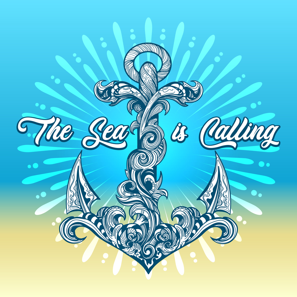 Ship Anchor Emblem with lettering The Sea is Calling drawn in Vintage style. Vector illustration.