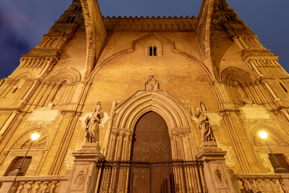 Cathedral of Palermo at sunset in the night lighting. Sicily. Italy.. Palermo Cathedral. Sicily.