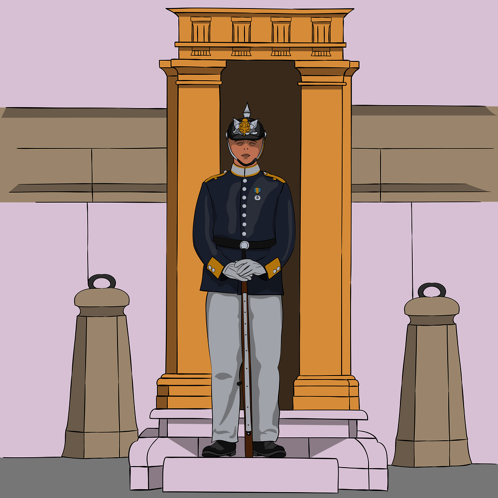 The royal guardsman with a rifle at the post near the royal palace in Stockholm. Vector. Illustration.. Stockholm. Royal Guardsman. Vector.