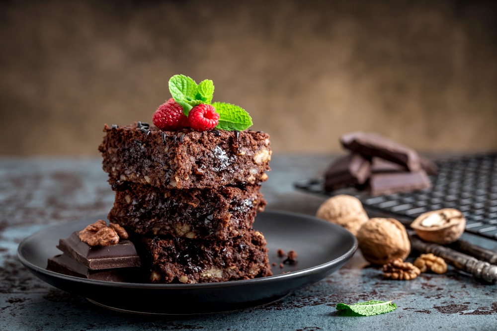 Brownie cake slices on a dark background