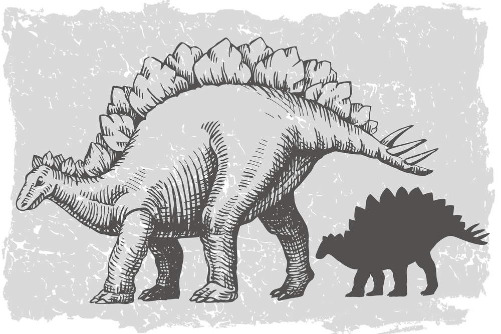 Dinosaur stegosaurus grafic hand drawn and silhouette illustration. Animal vector drawing isolated on grunge background