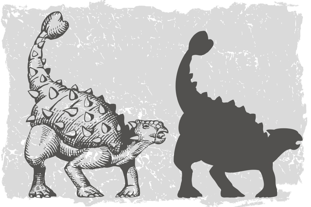 Dinosaur Ankylosaurus grafic hand drawn and silhouette illustration. Animal vector drawing isolated on grunge background