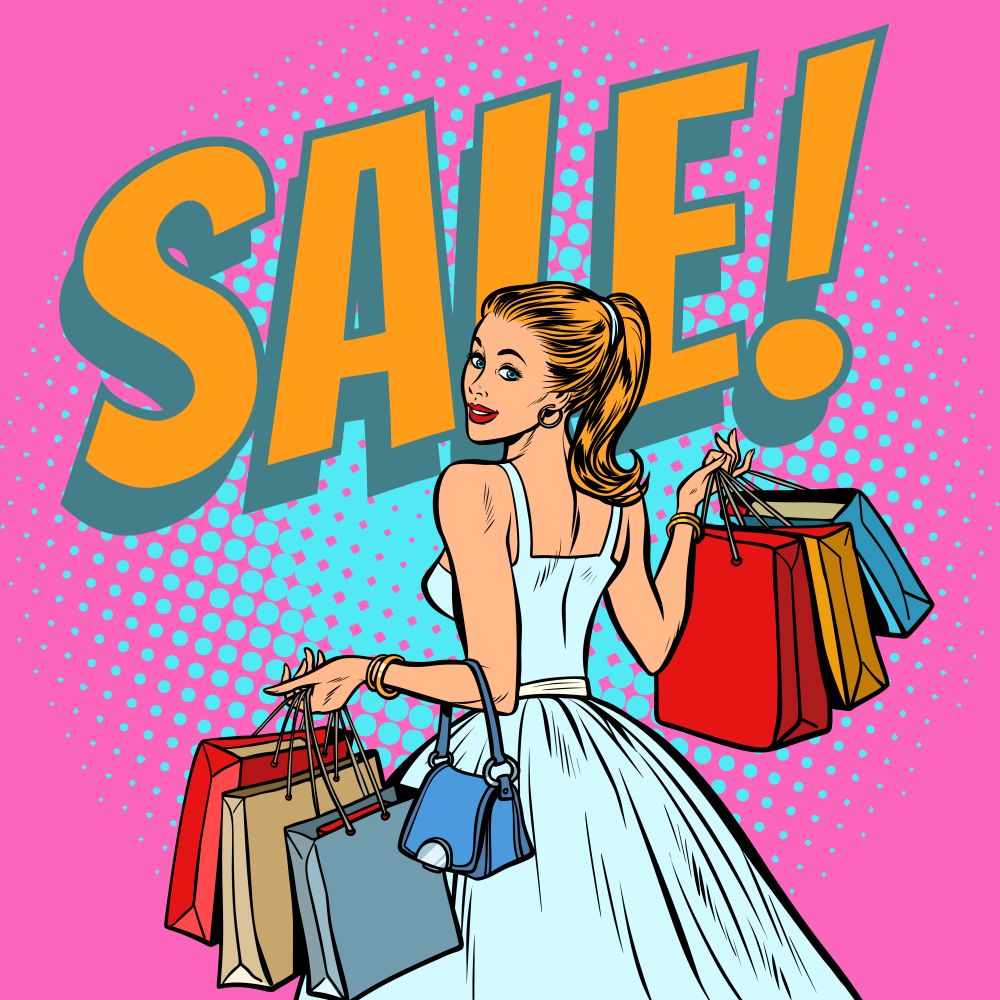 bride shopping, woman with bags. Pop art retro vector illustration vintage kitsch. bride shopping, woman with bags