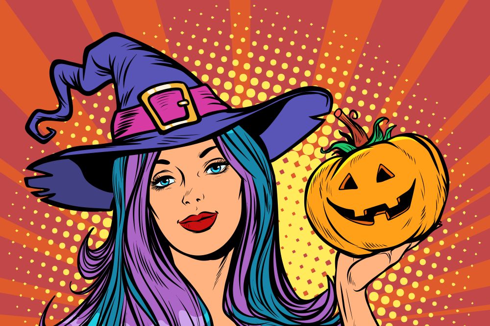 happy Halloween witch with pumpkin. Pop art retro vector illustration vintage kitsch. happy Halloween witch with pumpkin