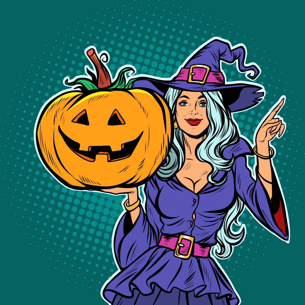 witch with Halloween pumpkin. Pop art retro vector illustration vintage kitsch. witch with Halloween pumpkin