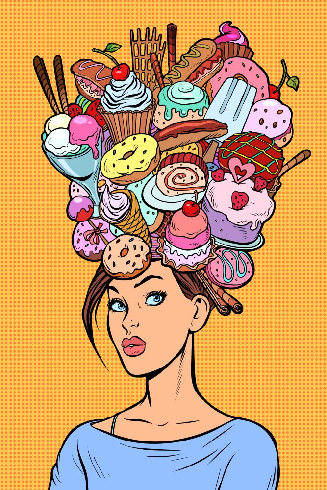 Hungry woman thoughts concept. Sweets baking birthday. Pop art retro vector illustration kitsch vintage. Hungry woman thoughts concept. Sweets baking birthday