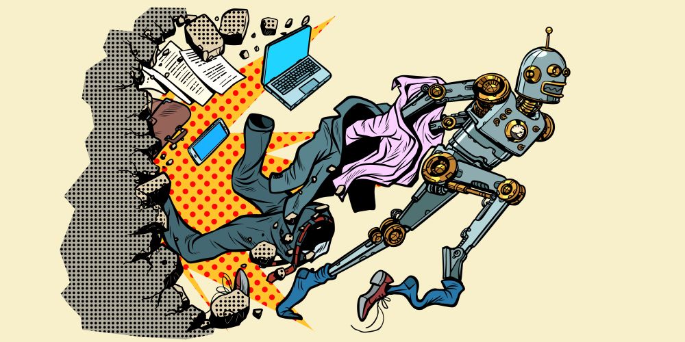 The robot breaks out of human stereotypes. New life. breaking the wall. Pop art retro vector illustration vintage kitsch. The robot breaks out of human stereotypes.