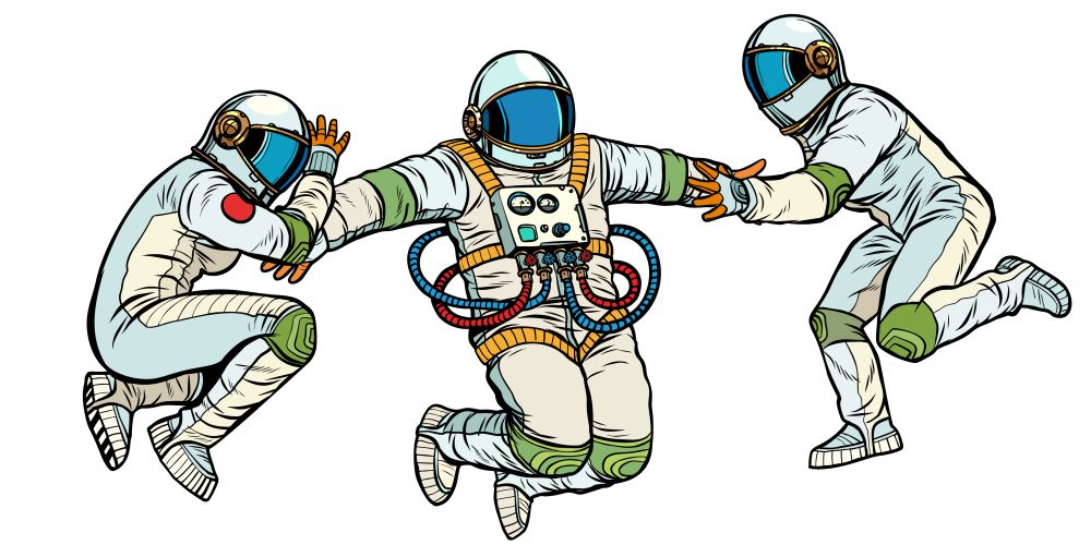 three astronauts in space in zero gravity. isolate on white background. Pop art retro vector illustration kitsch vintage. three astronauts in space in zero gravity isolate on white background