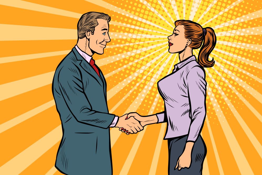 man and woman businessman handshake. Pop art retro vector illustration vintage kitsch 50s 60s. man and woman businessman handshake