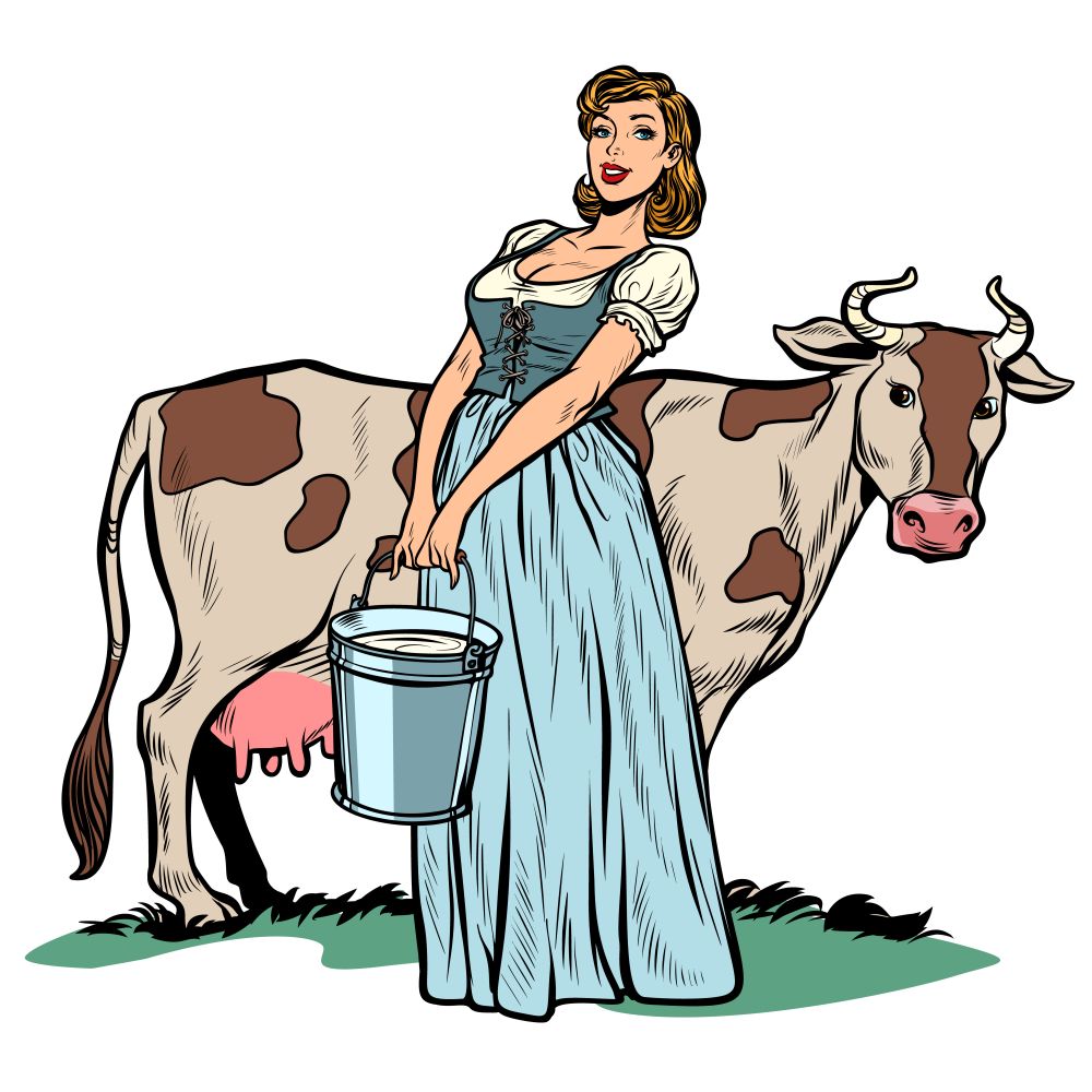 a woman milker cow bucket milk. agriculture village life. Pop art retro vector illustration vintage kitsch 50s 60s. a woman milker cow bucket milk. agriculture village life