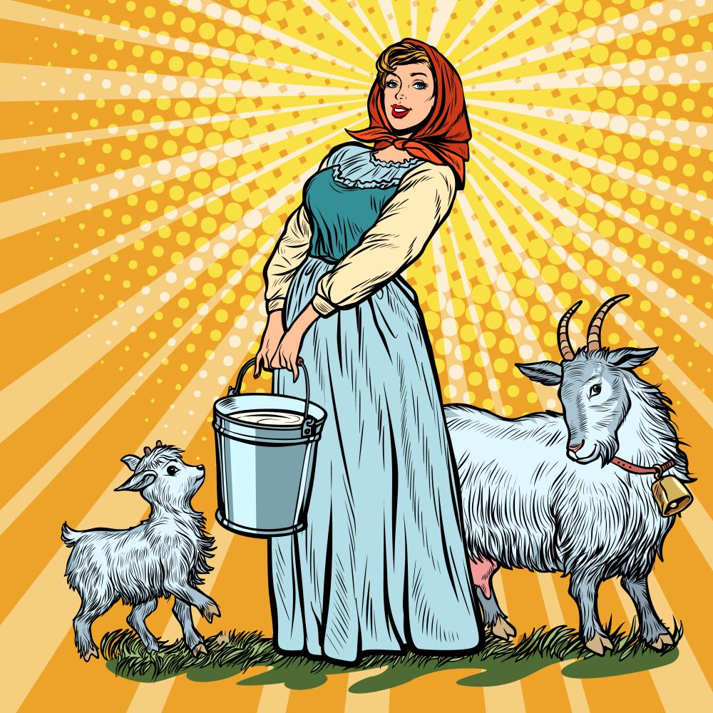 a village woman with bucket of milk goats. Pop art retro vector illustration vintage kitsch 50s 60s. a village woman with bucket of milk goats