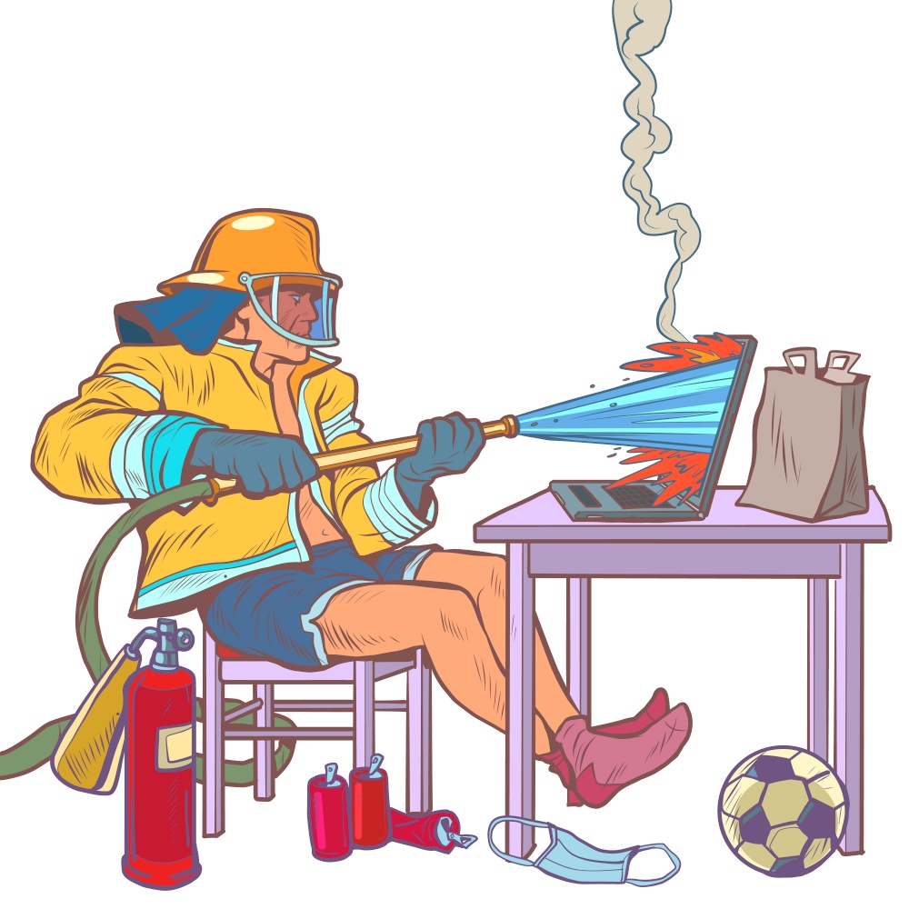 a firefighter puts out a fire with water, online homework. Hot discussion on the Internet. remote work at home in quarantine. Pop art retro illustration comic cartoon 50s 60s style kitsch vintage. a firefighter puts out a fire with water, online homework. Hot discussion on the Internet