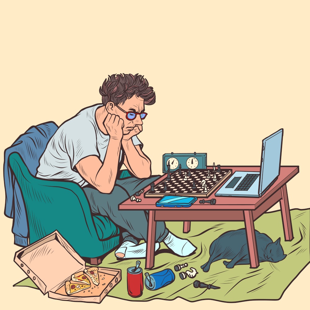 A man plays online chess with a virtual opponent. Pop art retro illustration comic cartoon 50s 60s style kitsch vintage. A man plays online chess with a virtual opponent
