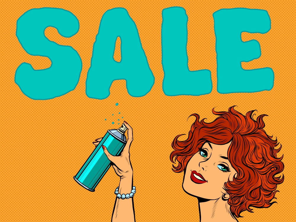 woman graffiti sale. Business advertising. Beautiful girl with a can of spray paint. Pop art retro vector illustration kitsch vintage 50s 60s style. woman graffiti sale. Business advertising. Beautiful girl with a can of spray paint