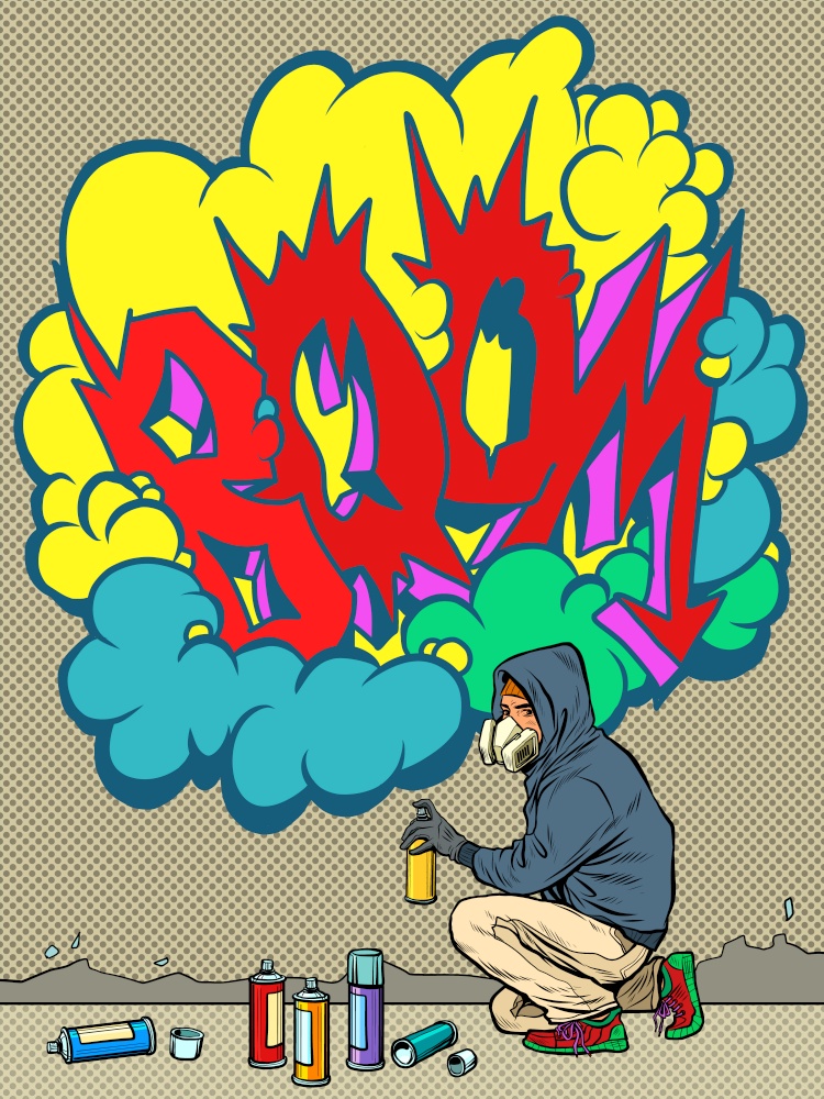 A teenage boy draws a graffiti image of the tag boom. street art. Pop art retro vector illustration kitsch vintage 50s 60s style. A teenage boy draws a graffiti image of the tag boom. street art