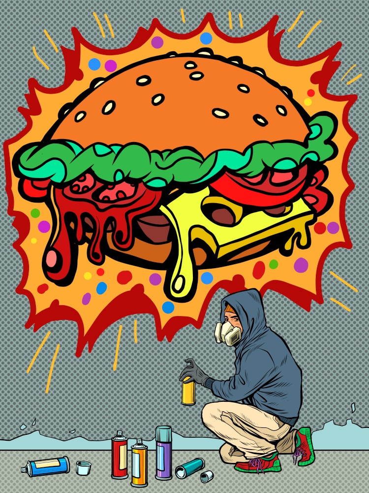 a teenage boy draws a graffiti image of a burger. fast food. Pop art retro vector illustration kitsch vintage 50s 60s style. a teenage boy draws a graffiti image of a burger. fast food