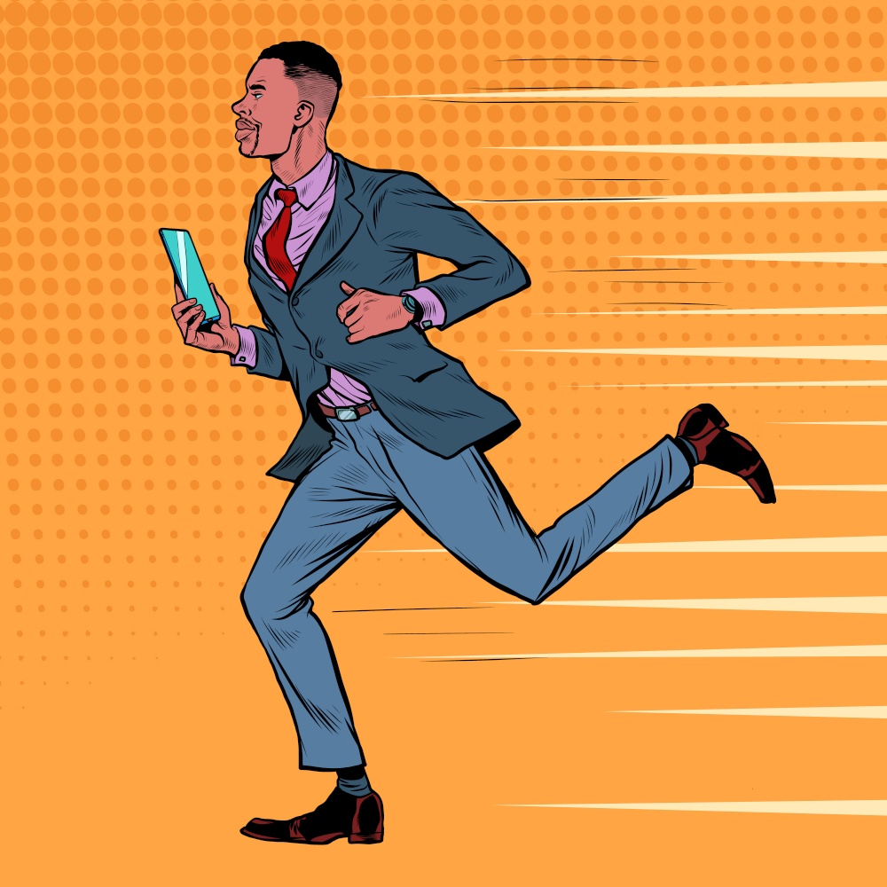 an African businessman with a smartphone runs. Business people at work. Pop art retro vector illustration kitsch vintage 50s 60s style. an African businessman with a smartphone runs. Business people at work