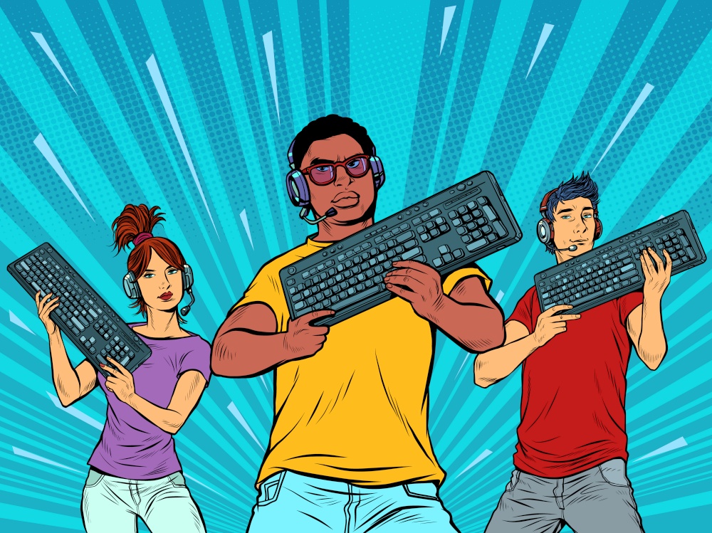 professional gamers with a keyboard. Computer games industry. black guy in the foreground. Pop art retro vector illustration kitsch vintage 50s 60s style. professional gamers with a keyboard. Computer games industry. black guy in the foreground