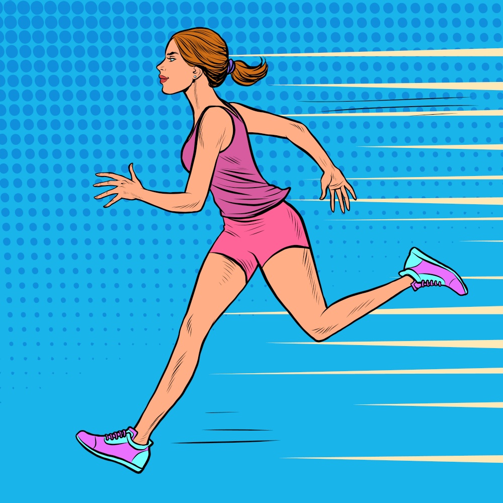White woman athlete runs. Sports and health. Marathon run. Pop art retro vector illustration kitsch vintage 50s 60s style. White woman athlete runs. Sports and health. Marathon run