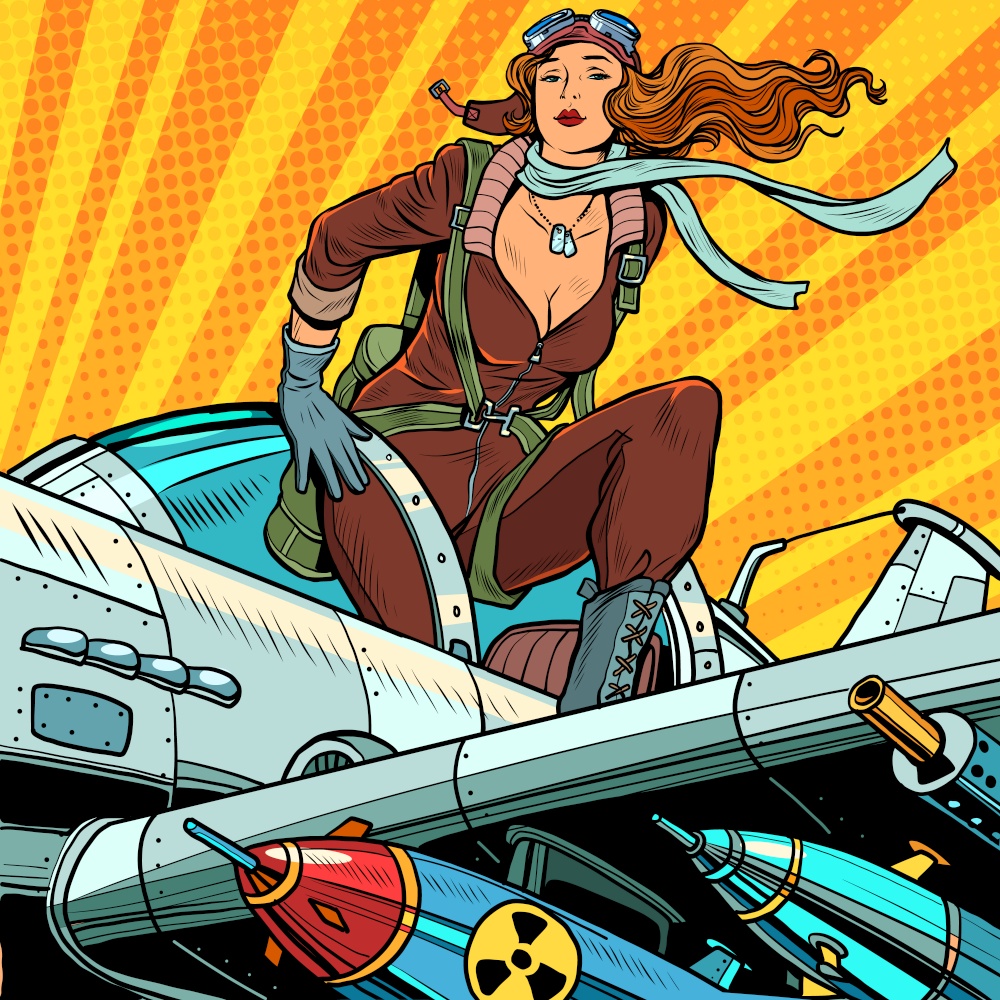 Pin-up military pilot. Beautiful woman in uniform on a plane with bombs and heavy weapons. Pop art retro vector illustration 50s 60s style. Pin-up military pilot. Beautiful woman in uniform on a plane with bombs and heavy weapons