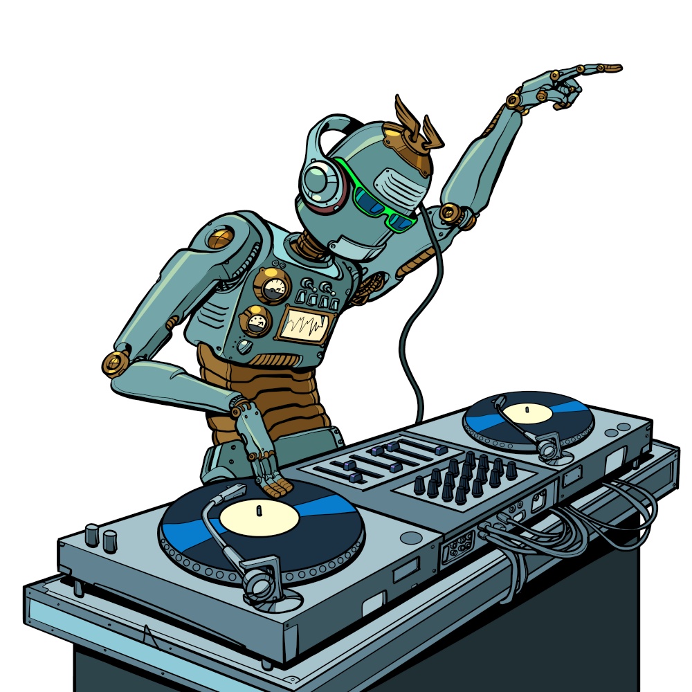 robot dj on vinyl turntables. concert music performance. Pop art retro vector illustration 50s 60s style. robot dj on vinyl turntables. concert music performance