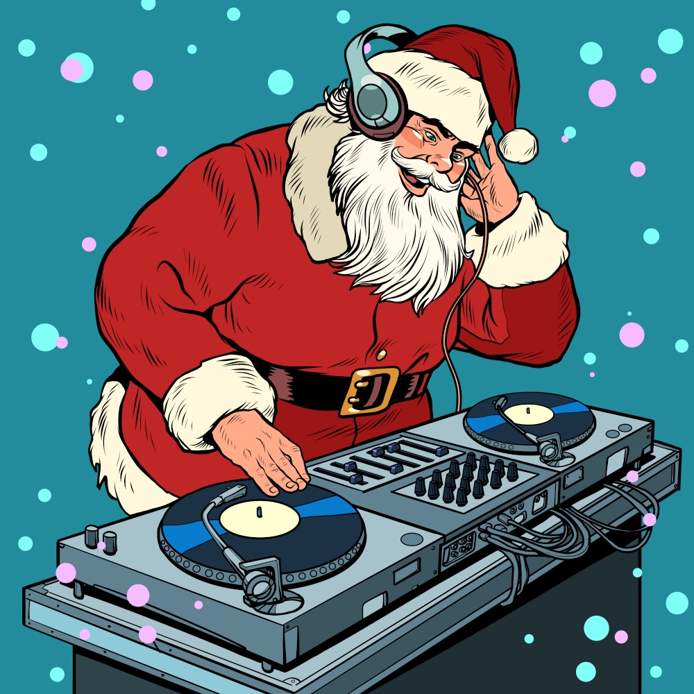 Santa Claus Christmas dj on vinyl turntables. concert music performance. Pop art retro vector illustration 50s 60s style. Santa Claus Christmas dj on vinyl turntables. concert music performance