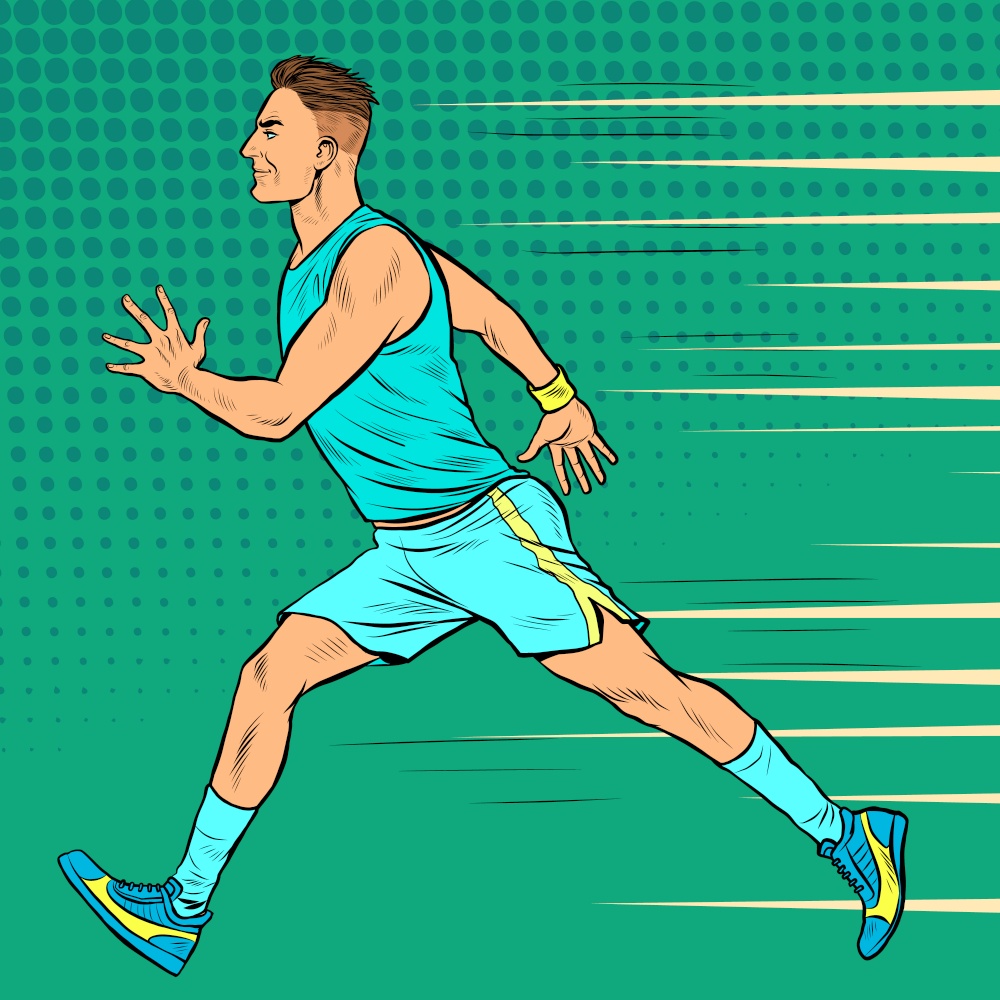 Runner male athlete. Sports and athletics. Marathon race. Pop art retro vector illustration 50s 60s style. Runner male athlete. Sports and athletics. Marathon race