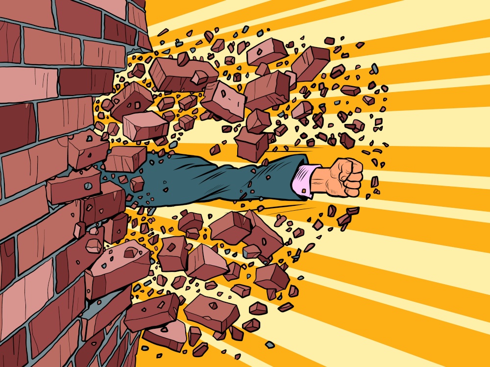 Businessman breaks through a brick wall. The will to overcome obstacles. Pop art retro vector illustration 50s 60s style. Businessman breaks through a brick wall. The will to overcome obstacles