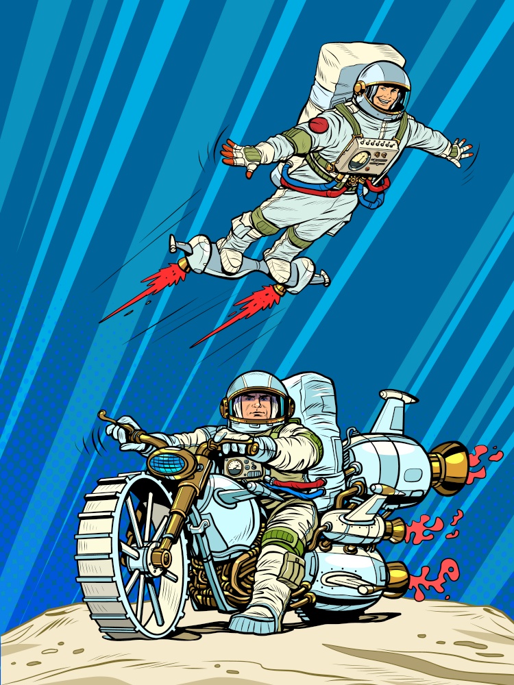 Astronauts on space transport. Flying and riding a motorcycle of the future. Pop art retro vector illustration 50s 60s style. Astronauts on space transport. Flying and riding a motorcycle of the future