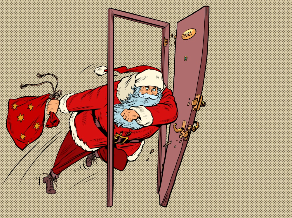 Santa Claus is kicking down the door in 2021. New year and Christmas. Pop art retro illustration 50s 60s kitsch vintage style. Santa Claus is kicking down the door in 2021. New year and Christmas