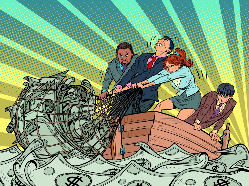 The business team makes a financial profit, like fishermen catching money in a net. White and black people, man and woman. Pop art retro illustration kitsch vintage 50s 60s style. The business team makes a financial profit, like fishermen catching money in a net