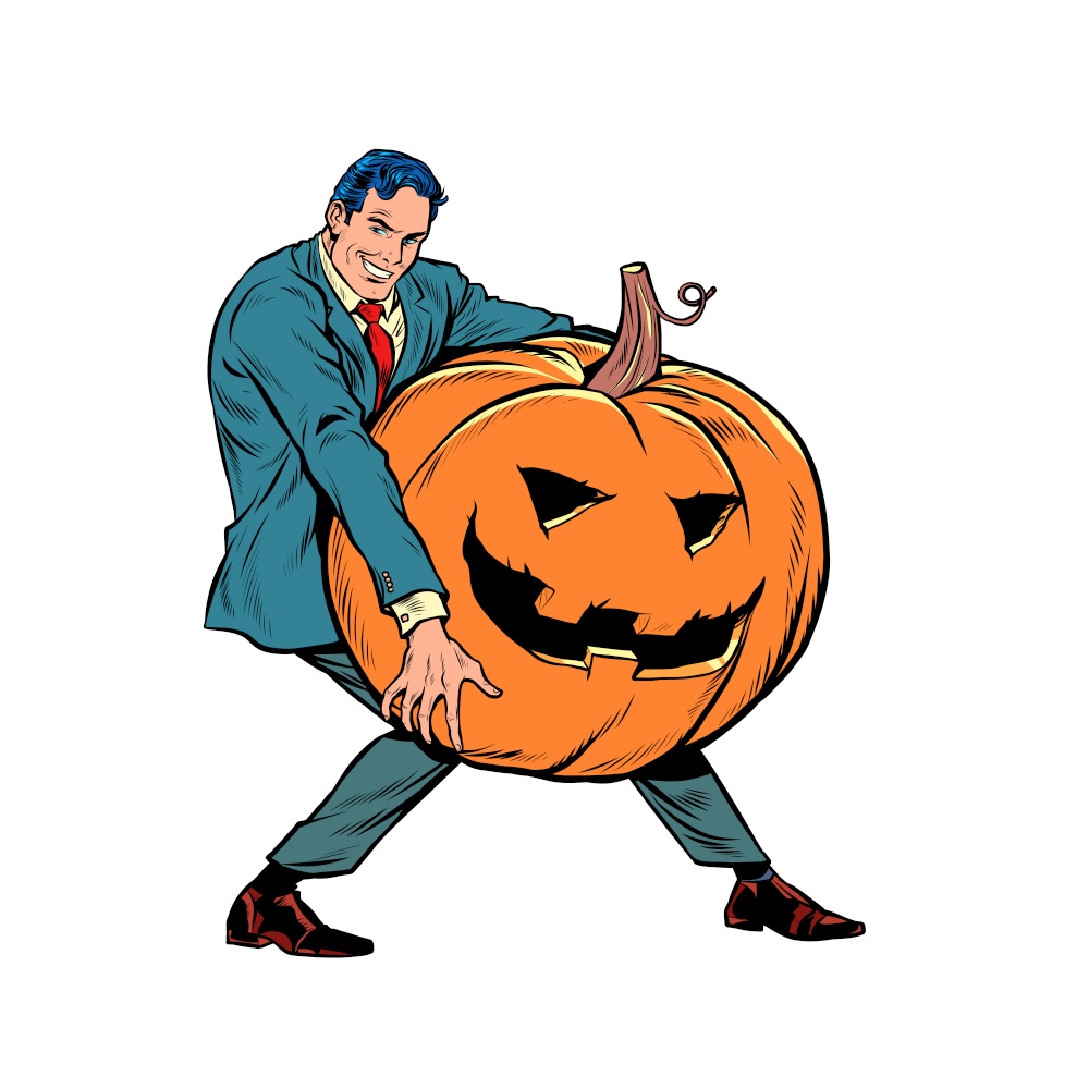 Halloween pumpkin and businessman. Pop art retro illustration kitsch vintage 50s 60s style. Halloween pumpkin and businessman
