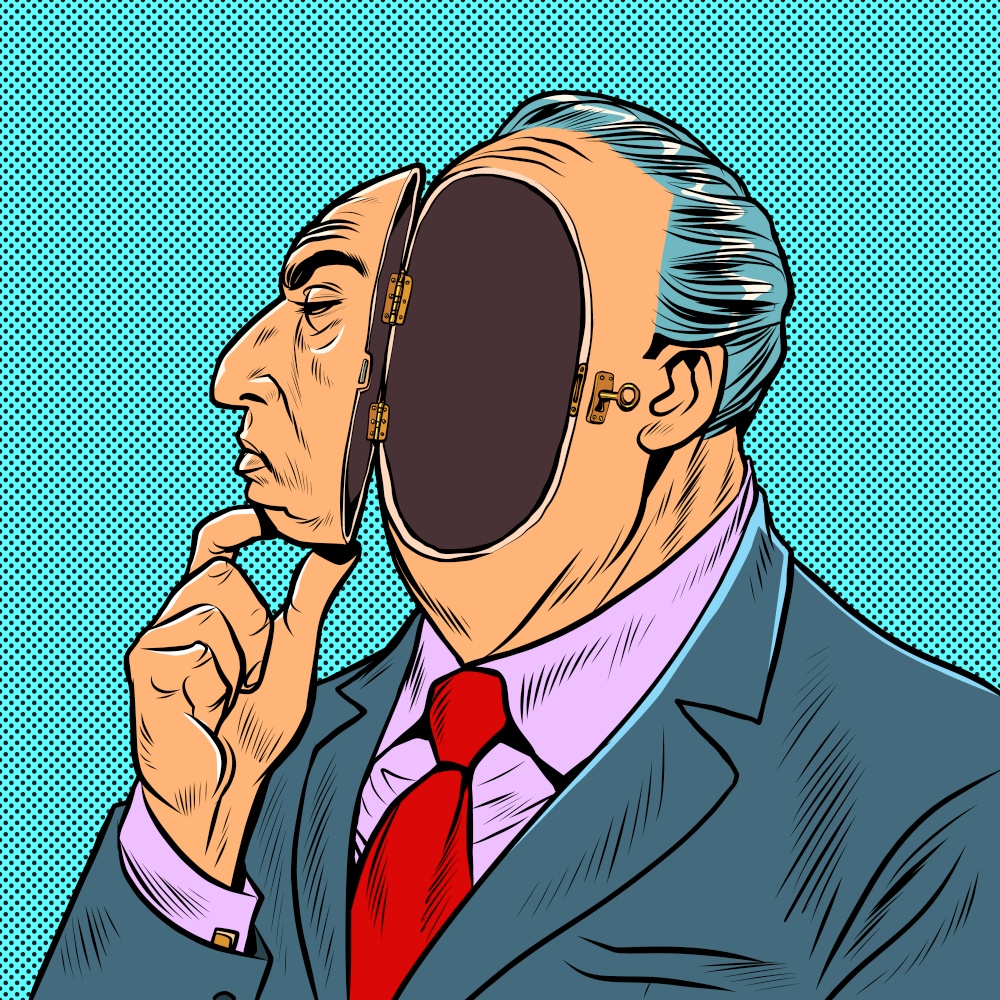 A businessman with a void inside. Pop art retro illustration kitsch vintage 50s 60s style. A businessman with a void inside