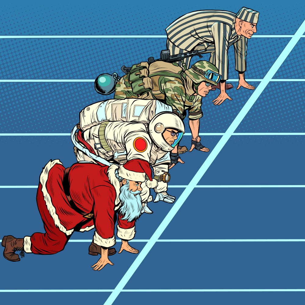 Sports race with Santa Claus military astronaut and prisoner. Pop art retro illustration kitsch vintage 50s 60s style. Sports race with Santa Claus military astronaut and prisoner