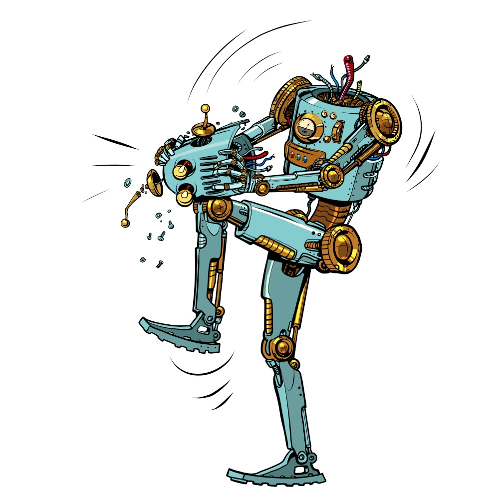 Mad robot breaks itself. Pop art retro vector illustration 50s 60s kitsch vintage style. Mad robot breaks itself
