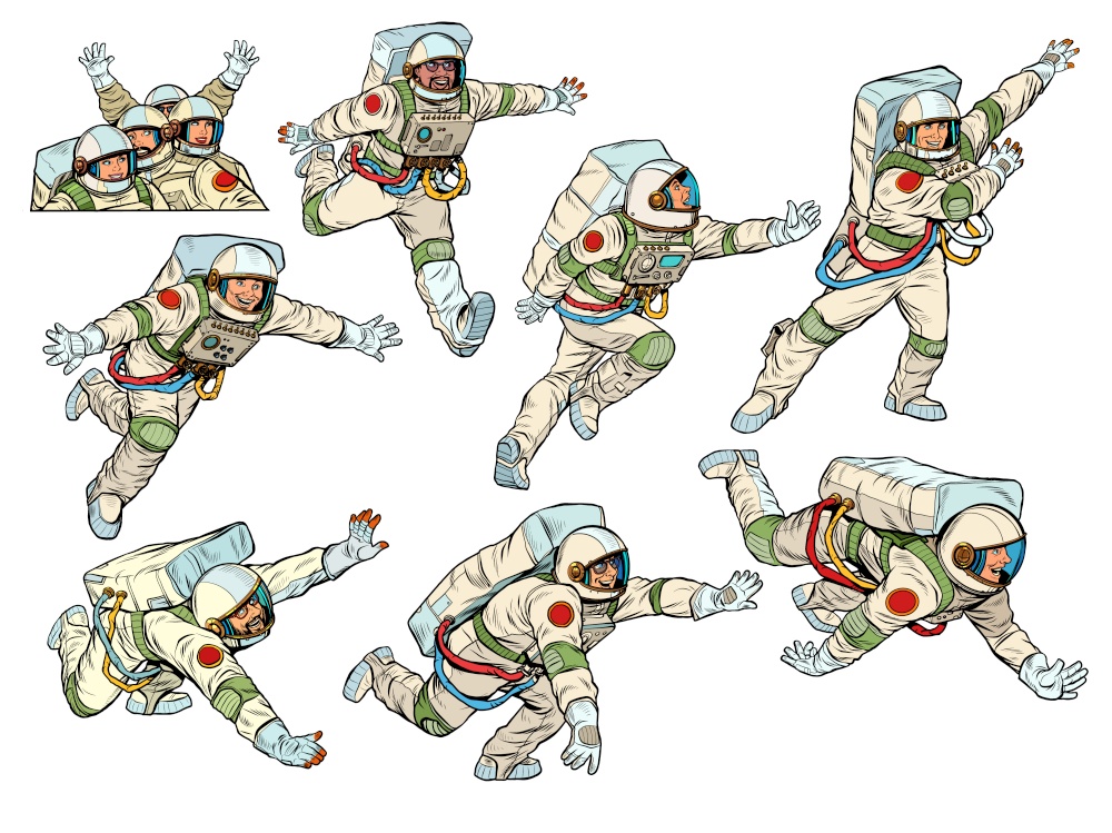 Astronauts collection set. Scientific space exploration. People in spacesuits. Pop Art Retro Illustration Kitsch Vintage 50s 60s Style. Astronauts collection set. Scientific space exploration. People in spacesuits