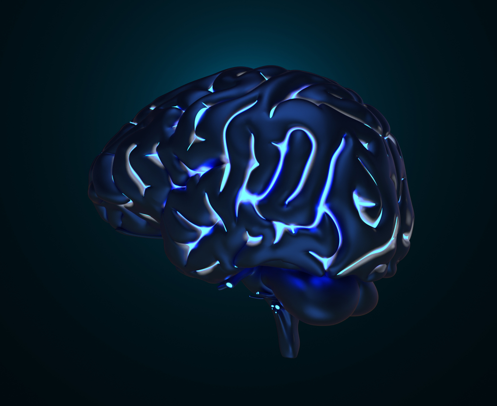The human brain with luminous gyruses. 3D illustration. Human brain with luminous gyruses