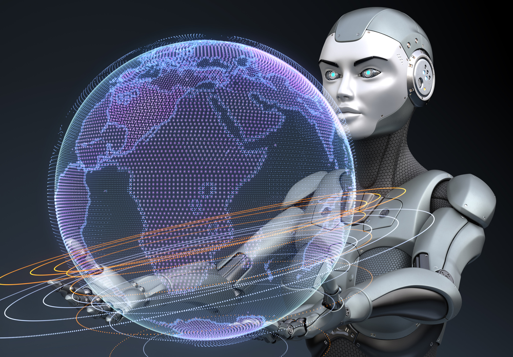 Cyborg holding the Earth&rsquo;s hologram in his hands. 3D illustration. Cyborg holding the Earth&rsquo;s hologram in his hands