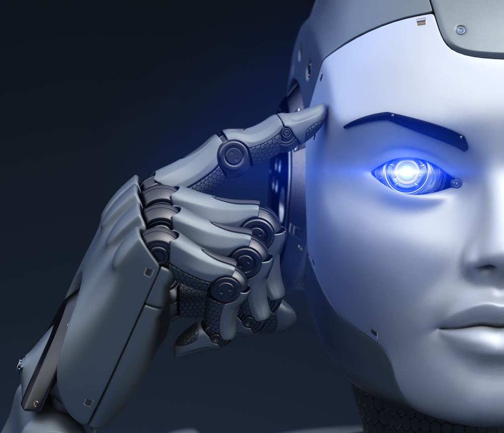 Cyborg holds a finger near the head. 3D illustration. Cyborg holds a finger near the head