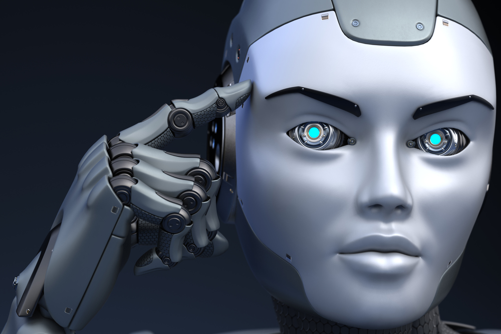 Robot holds a finger near the head. 3D illustration. Robot holds a finger near the head