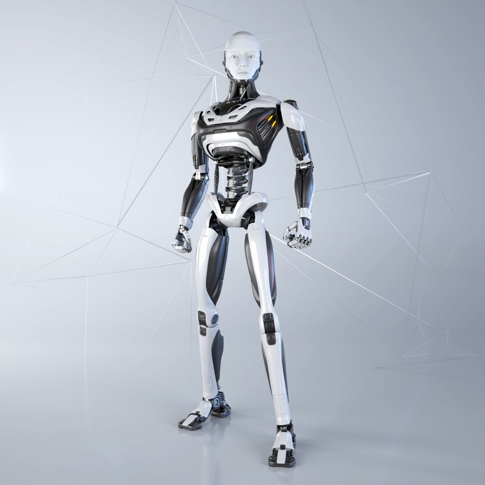Robot android posing on a light gray background. 3D illustration. Robot android posing on a light gray background.