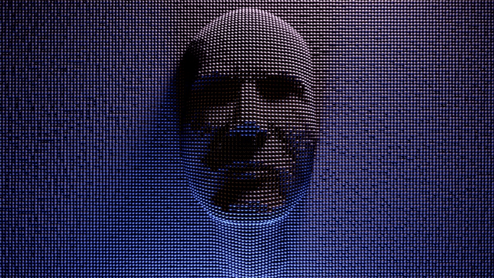 Virtual man&rsquo;s head made of digital data. 3D illustration. Virtual man&rsquo;s head made of digital data